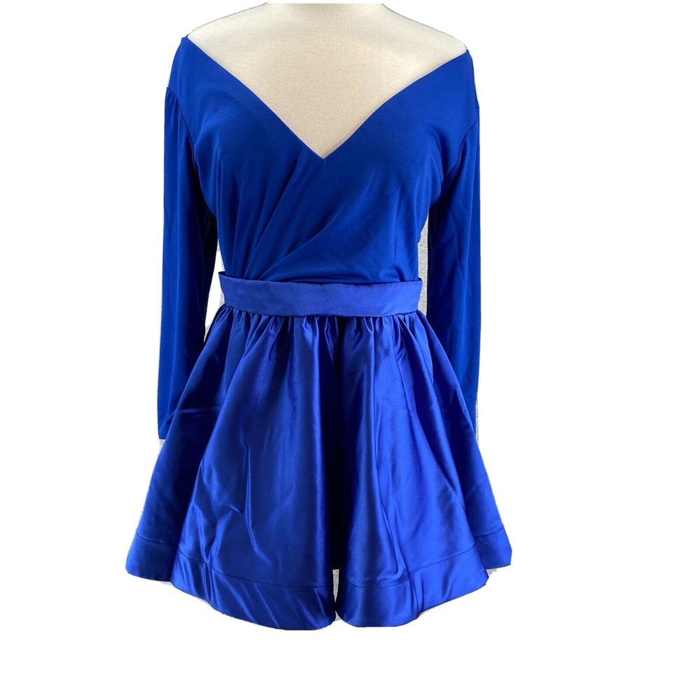 Hebeos Dress Womens 10 Blue Mini Satin Long Sleeve Formal Prom Party Dance NEW